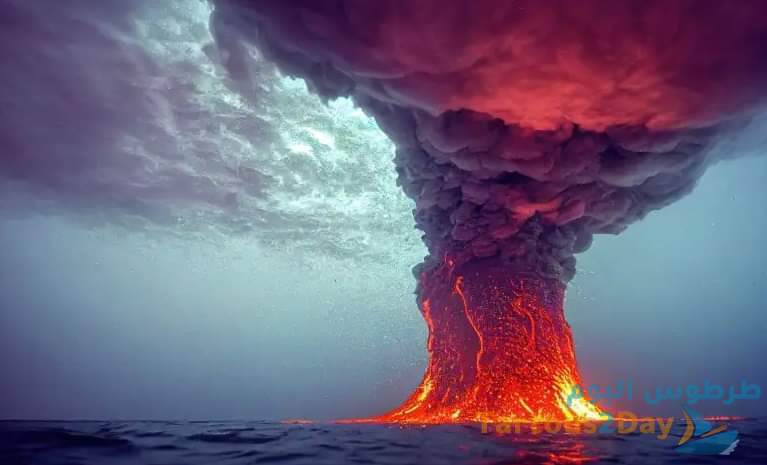 صورة تخيلية لـ لحظة ثوران البركان في البحر المتوسط
